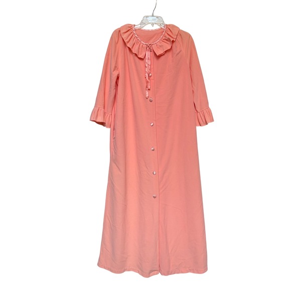 Vintage Other - Vintage Peach Pink Fleece Ruffle Collar Button Maxi‎ Robe Nightgown Loungewear